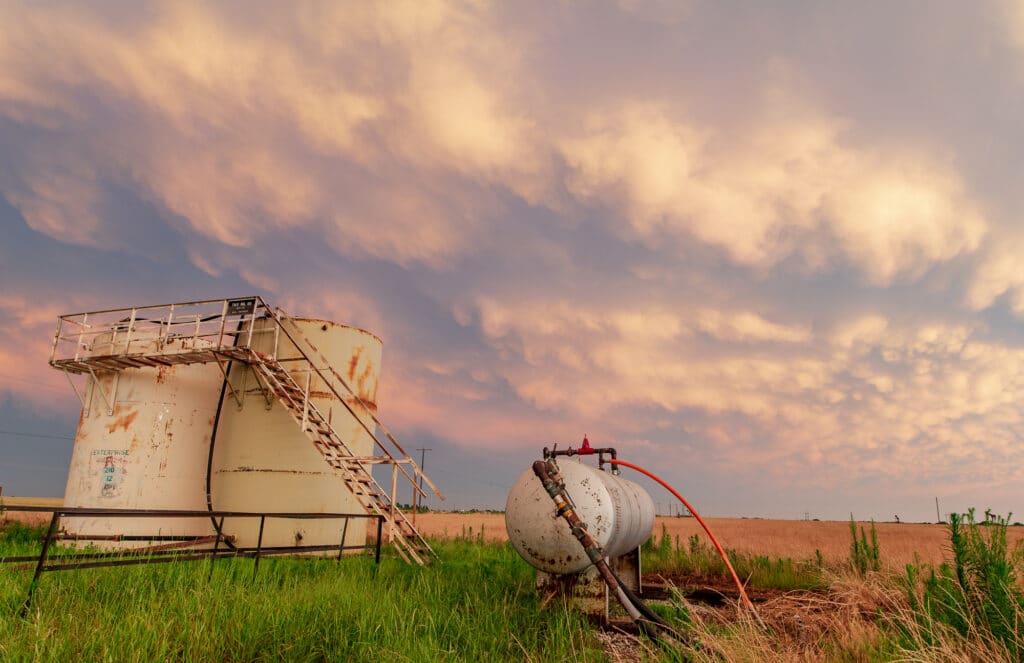 Oil tanks and mammatus clouds near sunset in Burkburnett, TX