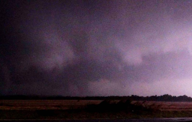 Tornado with satellite tornado near Clinton, Oklahoma after dark on October 12, 2021