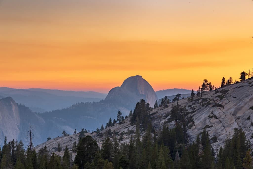 View of Half Dome from Olmsted Point at sunset in Yosemite National Park